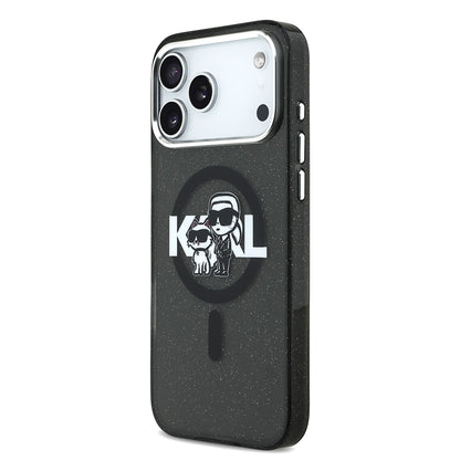 iPhone 17 Pro Max Kılıf Karl Lagerfeld Orjinal Lisanslı Parlayan Simli Karl & Choupette Sketch Logo Kapak