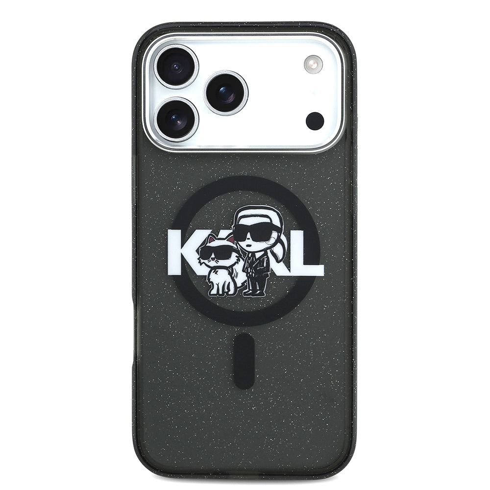 iPhone 17 Pro Max Kılıf Karl Lagerfeld Orjinal Lisanslı Parlayan Simli Karl & Choupette Sketch Logo Kapak