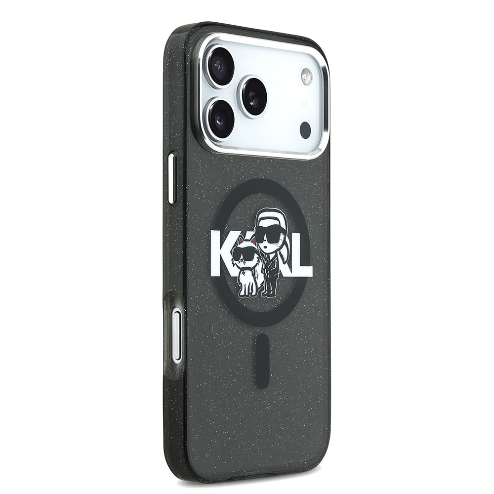 iPhone 17 Pro Max Kılıf Karl Lagerfeld Orjinal Lisanslı Parlayan Simli Karl & Choupette Sketch Logo Kapak
