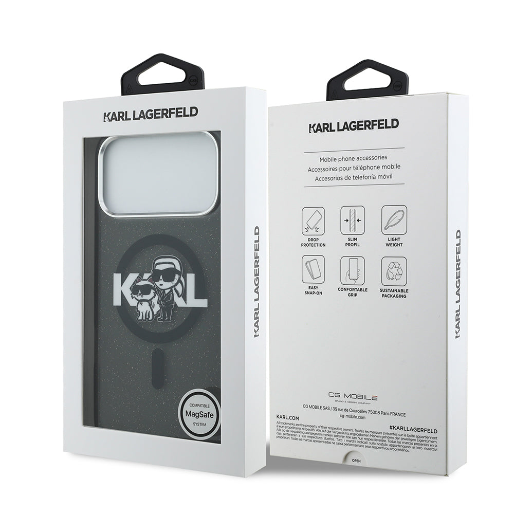 iPhone 17 Pro Max Kılıf Karl Lagerfeld Orjinal Lisanslı Parlayan Simli Karl & Choupette Sketch Logo Kapak