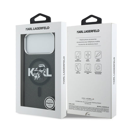 iPhone 17 Pro Max Kılıf Karl Lagerfeld Orjinal Lisanslı Parlayan Simli Karl & Choupette Sketch Logo Kapak