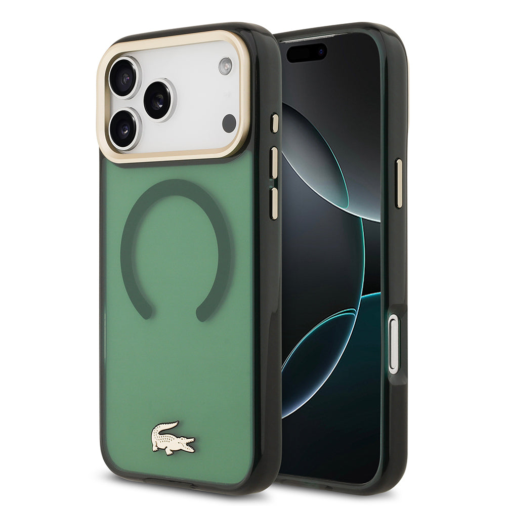 iPhone 17 Pro Max Kılıf Lacoste Orjinal Lisanslı M-safe Şarj Özellikli Gold Timsah Logolu Buzlu Kapak