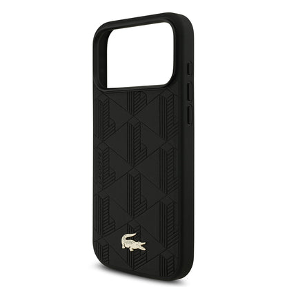 iPhone 17 Pro Max Kılıf Lacoste Orjinal Lisanslı M-safe Şarj Özellikli PU Deri Tasarımlı Karışık Monogram Desenli Kapak