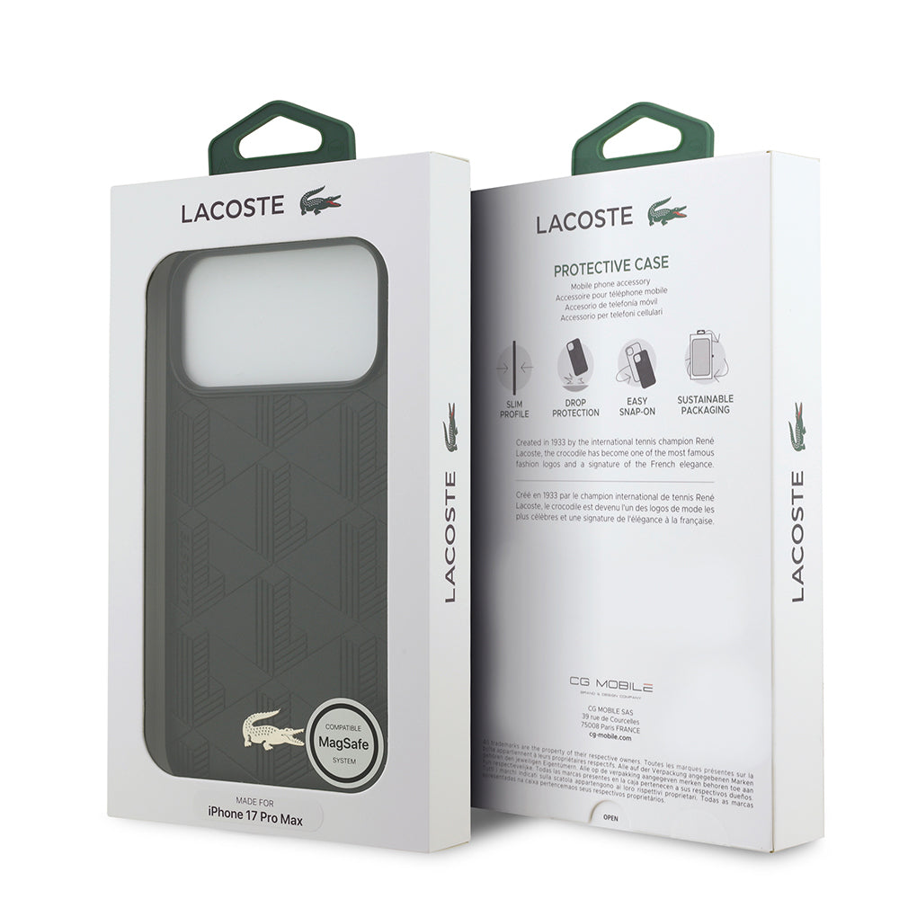 iPhone 17 Pro Max Kılıf Lacoste Orjinal Lisanslı M-safe Şarj Özellikli PU Deri Tasarımlı Karışık Monogram Desenli Kapak