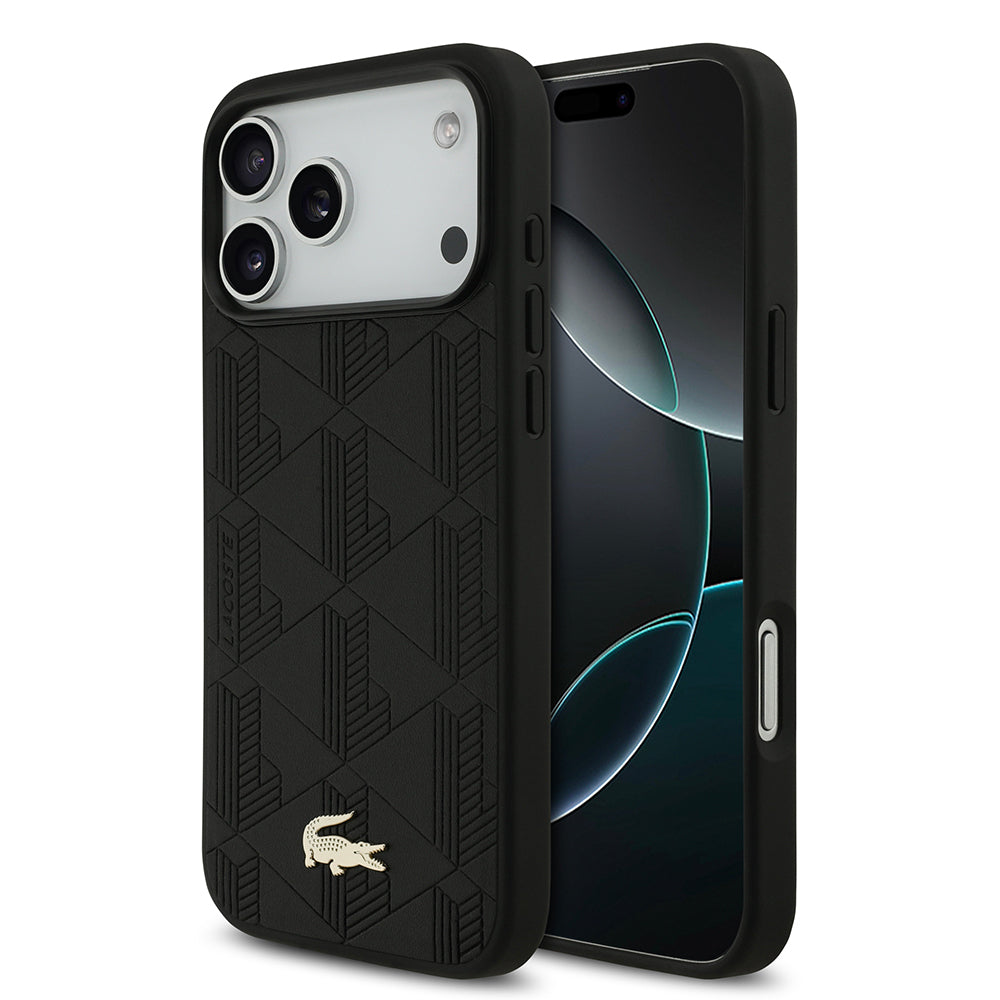 iPhone 17 Pro Max Kılıf Lacoste Orjinal Lisanslı M-safe Şarj Özellikli PU Deri Tasarımlı Karışık Monogram Desenli Kapak