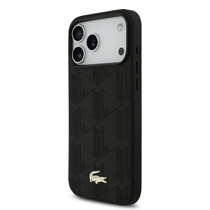iPhone 17 Pro Max Kılıf Lacoste Orjinal Lisanslı M-safe Şarj Özellikli PU Deri Tasarımlı Karışık Monogram Desenli Kapak