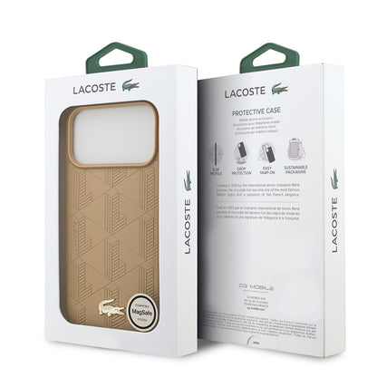 iPhone 17 Pro Max Kılıf Lacoste Orjinal Lisanslı M-safe Şarj Özellikli PU Deri Tasarımlı Karışık Monogram Desenli Kapak