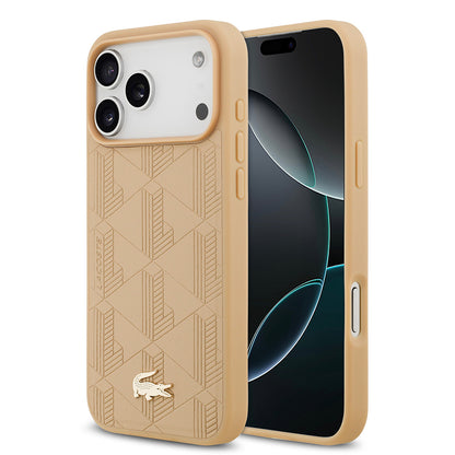 iPhone 17 Pro Max Kılıf Lacoste Orjinal Lisanslı M-safe Şarj Özellikli PU Deri Tasarımlı Karışık Monogram Desenli Kapak