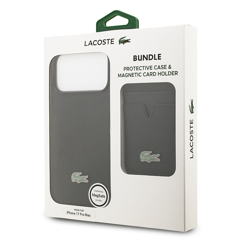 iPhone 17 Pro Max Kılıf Lacoste Orjinal Lisanslı M-safe Şarj Özellikli PU Pike Desenli Metal Logolu Kartlıklı Kapak