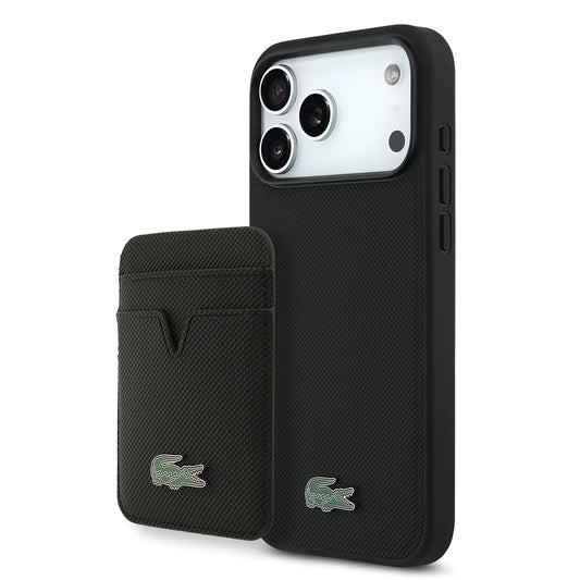 iPhone 17 Pro Max Kılıf Lacoste Orjinal Lisanslı M-safe Şarj Özellikli PU Pike Desenli Metal Logolu Kartlıklı Kapak