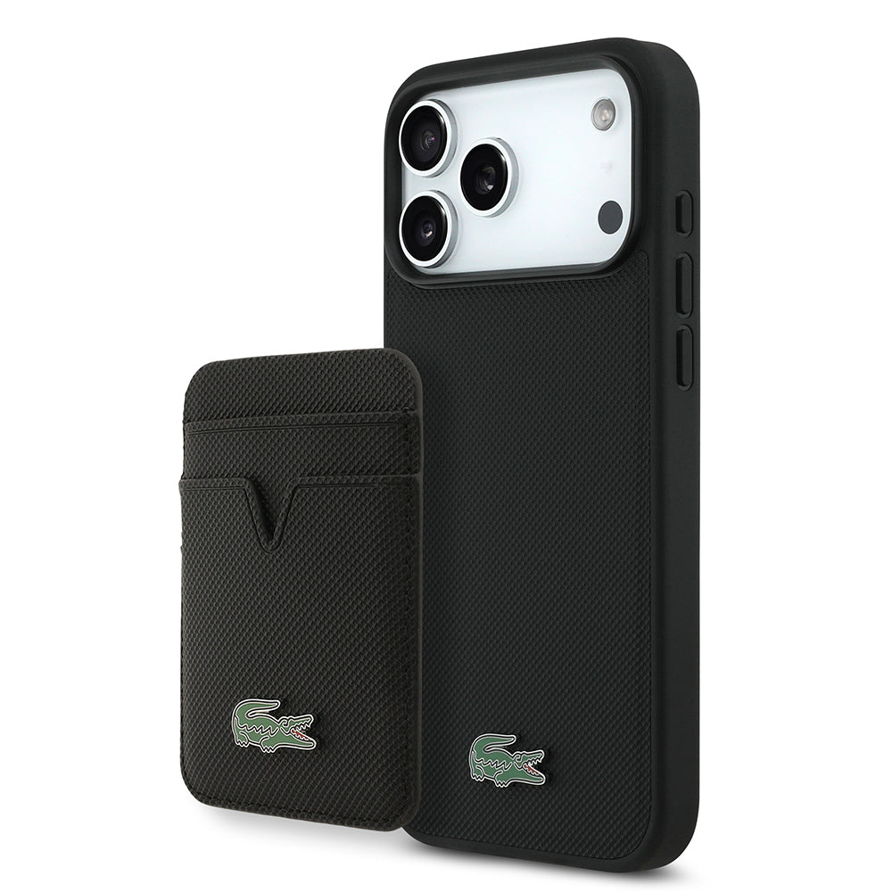 iPhone 17 Pro Max Kılıf Lacoste Orjinal Lisanslı M-safe Şarj Özellikli PU Pike Desenli Metal Logolu Kartlıklı Kapak