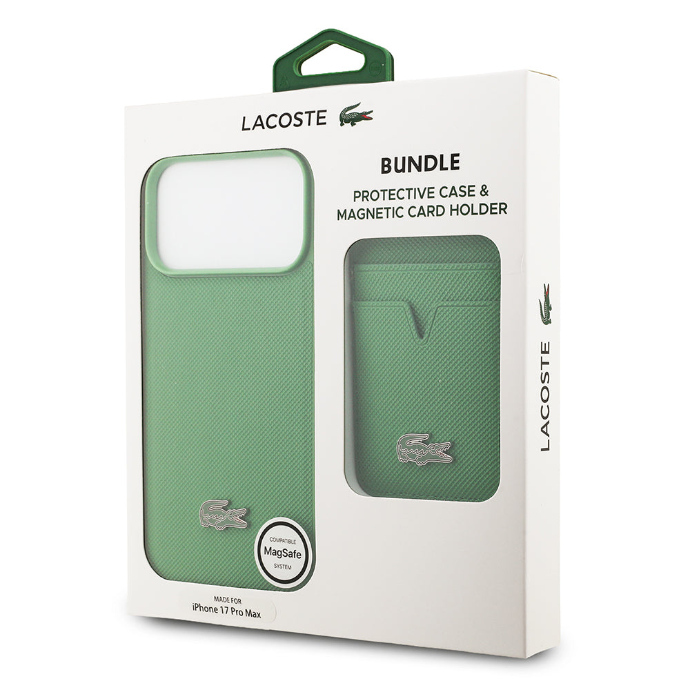 iPhone 17 Pro Max Kılıf Lacoste Orjinal Lisanslı M-safe Şarj Özellikli PU Pike Desenli Metal Logolu Kartlıklı Kapak