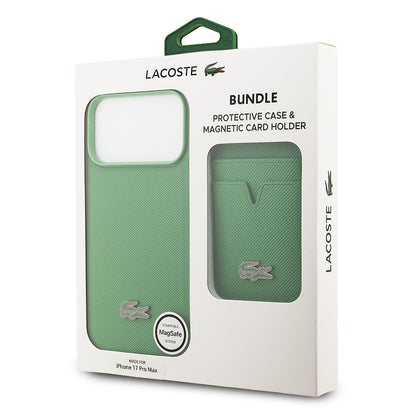 iPhone 17 Pro Max Kılıf Lacoste Orjinal Lisanslı M-safe Şarj Özellikli PU Pike Desenli Metal Logolu Kartlıklı Kapak
