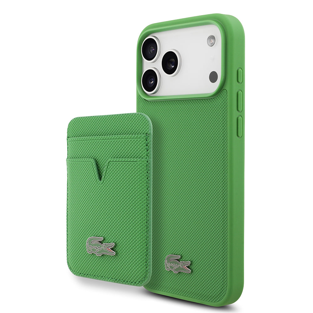 iPhone 17 Pro Max Kılıf Lacoste Orjinal Lisanslı M-safe Şarj Özellikli PU Pike Desenli Metal Logolu Kartlıklı Kapak