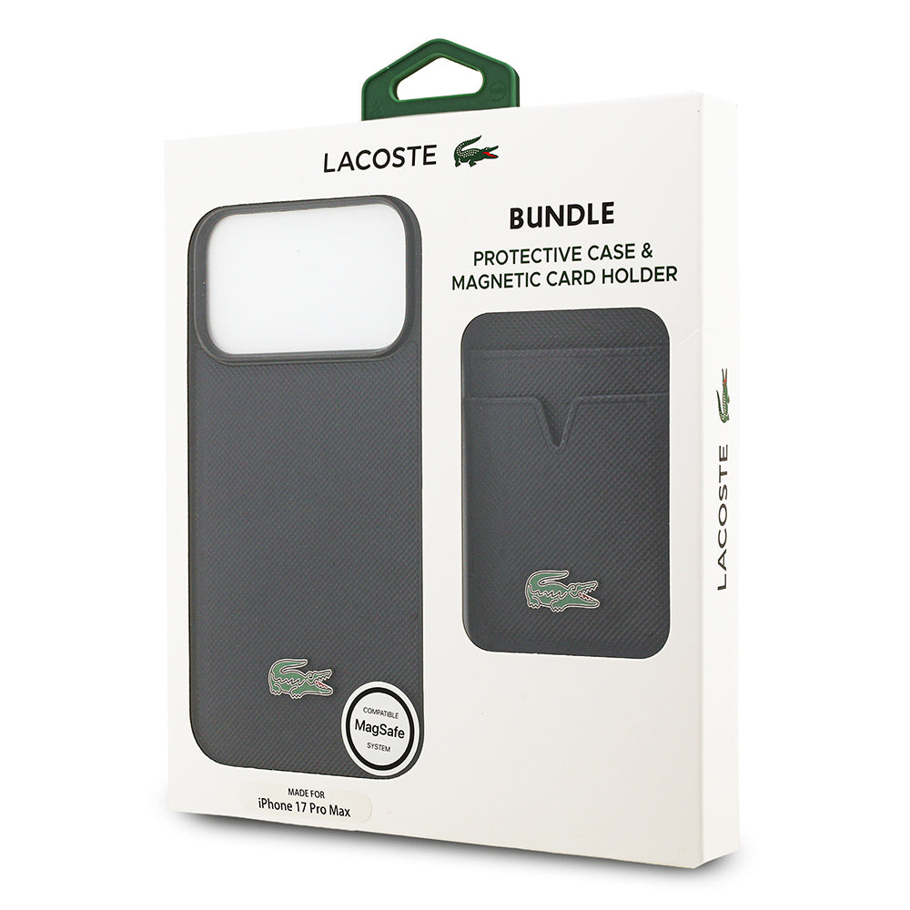 iPhone 17 Pro Max Kılıf Lacoste Orjinal Lisanslı M-safe Şarj Özellikli PU Pike Desenli Metal Logolu Kartlıklı Kapak