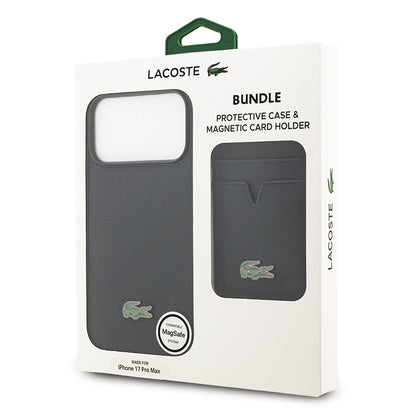 iPhone 17 Pro Max Kılıf Lacoste Orjinal Lisanslı M-safe Şarj Özellikli PU Pike Desenli Metal Logolu Kartlıklı Kapak