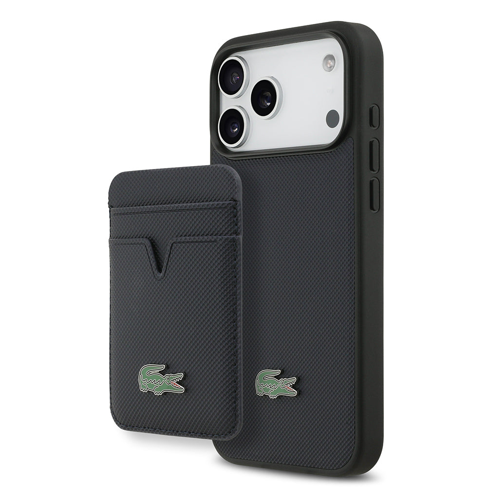 iPhone 17 Pro Max Kılıf Lacoste Orjinal Lisanslı M-safe Şarj Özellikli PU Pike Desenli Metal Logolu Kartlıklı Kapak