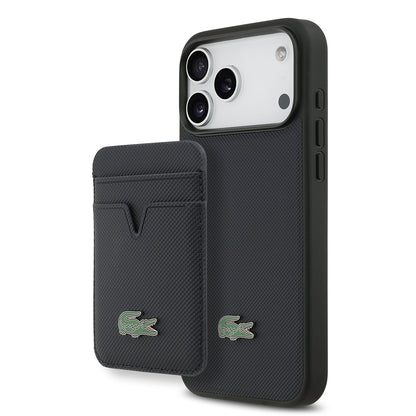 iPhone 17 Pro Max Kılıf Lacoste Orjinal Lisanslı M-safe Şarj Özellikli PU Pike Desenli Metal Logolu Kartlıklı Kapak