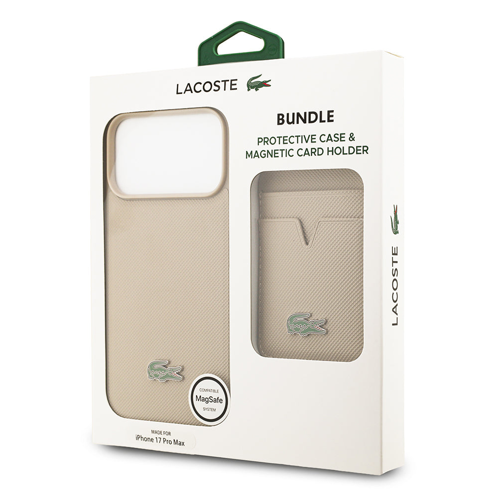 iPhone 17 Pro Max Kılıf Lacoste Orjinal Lisanslı M-safe Şarj Özellikli PU Pike Desenli Metal Logolu Kartlıklı Kapak