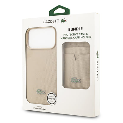 iPhone 17 Pro Max Kılıf Lacoste Orjinal Lisanslı M-safe Şarj Özellikli PU Pike Desenli Metal Logolu Kartlıklı Kapak