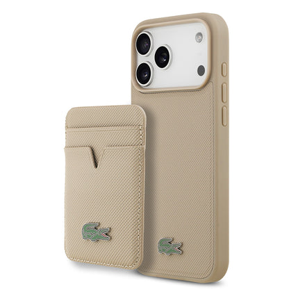 iPhone 17 Pro Max Kılıf Lacoste Orjinal Lisanslı M-safe Şarj Özellikli PU Pike Desenli Metal Logolu Kartlıklı Kapak