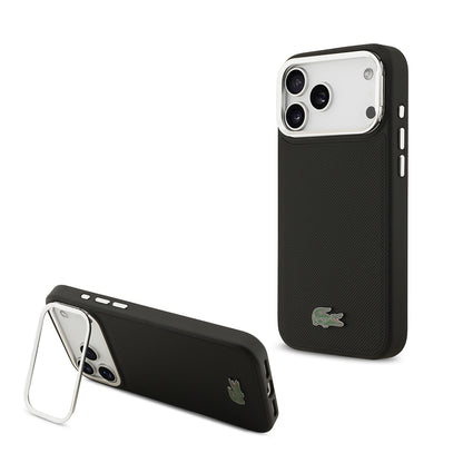 iPhone 17 Pro Max Kılıf Lacoste Orjinal Lisanslı M-safe Şarj Özellikli PU Pike Desenli Standlı Metal Logolu Kapak