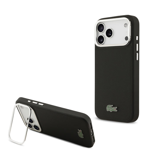 iPhone 17 Pro Max Kılıf Lacoste Orjinal Lisanslı M-safe Şarj Özellikli PU Pike Desenli Standlı Metal Logolu Kapak