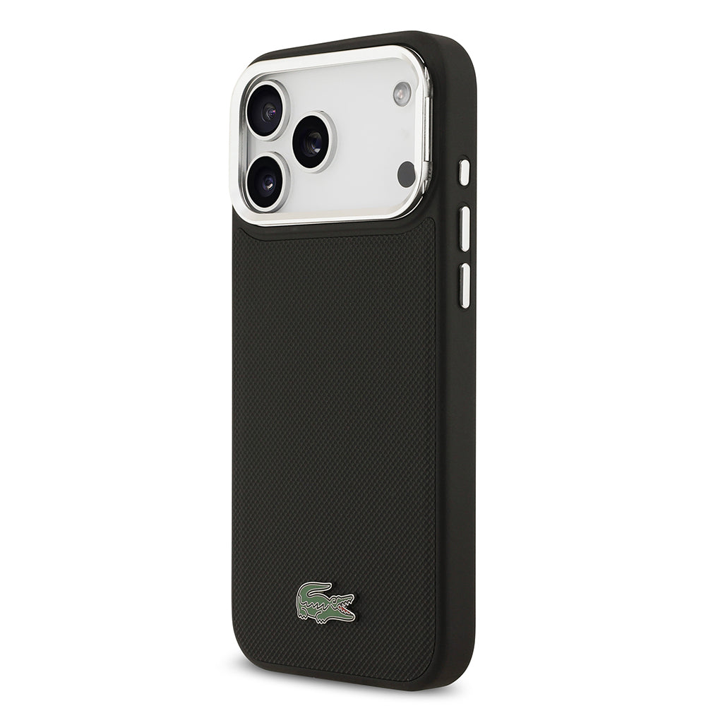 iPhone 17 Pro Max Kılıf Lacoste Orjinal Lisanslı M-safe Şarj Özellikli PU Pike Desenli Standlı Metal Logolu Kapak