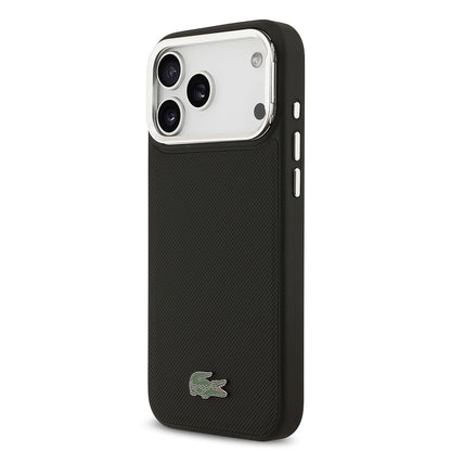 iPhone 17 Pro Max Kılıf Lacoste Orjinal Lisanslı M-safe Şarj Özellikli PU Pike Desenli Standlı Metal Logolu Kapak