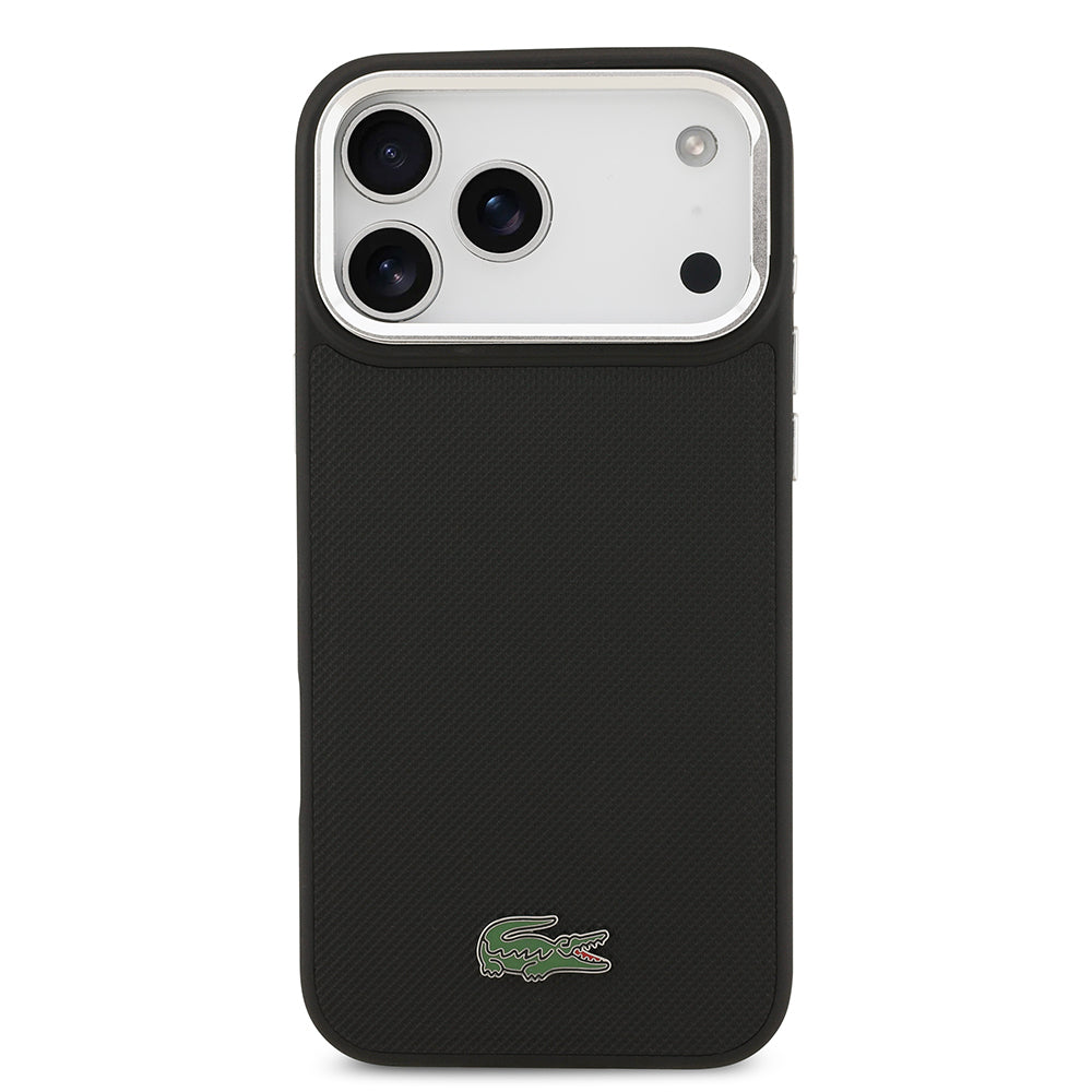 iPhone 17 Pro Max Kılıf Lacoste Orjinal Lisanslı M-safe Şarj Özellikli PU Pike Desenli Standlı Metal Logolu Kapak