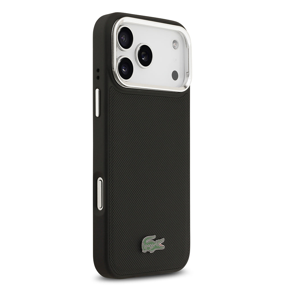 iPhone 17 Pro Max Kılıf Lacoste Orjinal Lisanslı M-safe Şarj Özellikli PU Pike Desenli Standlı Metal Logolu Kapak