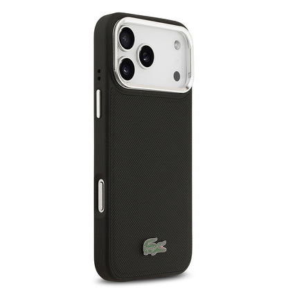iPhone 17 Pro Max Kılıf Lacoste Orjinal Lisanslı M-safe Şarj Özellikli PU Pike Desenli Standlı Metal Logolu Kapak