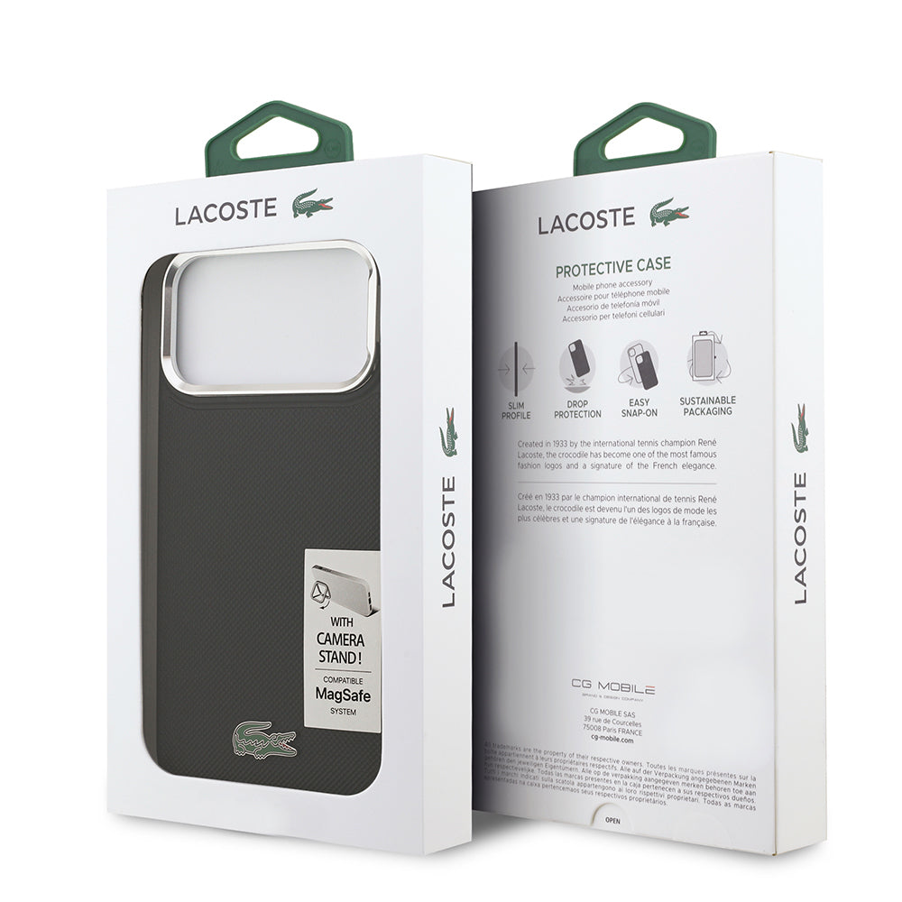 iPhone 17 Pro Max Kılıf Lacoste Orjinal Lisanslı M-safe Şarj Özellikli PU Pike Desenli Standlı Metal Logolu Kapak