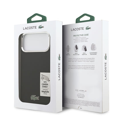 iPhone 17 Pro Max Kılıf Lacoste Orjinal Lisanslı M-safe Şarj Özellikli PU Pike Desenli Standlı Metal Logolu Kapak