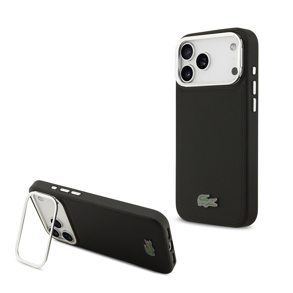 iPhone 17 Pro Max Kılıf Lacoste Orjinal Lisanslı M-safe Şarj Özellikli PU Pike Desenli Standlı Metal Logolu Kapak