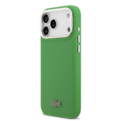 iPhone 17 Pro Max Kılıf Lacoste Orjinal Lisanslı M-safe Şarj Özellikli PU Pike Desenli Standlı Metal Logolu Kapak