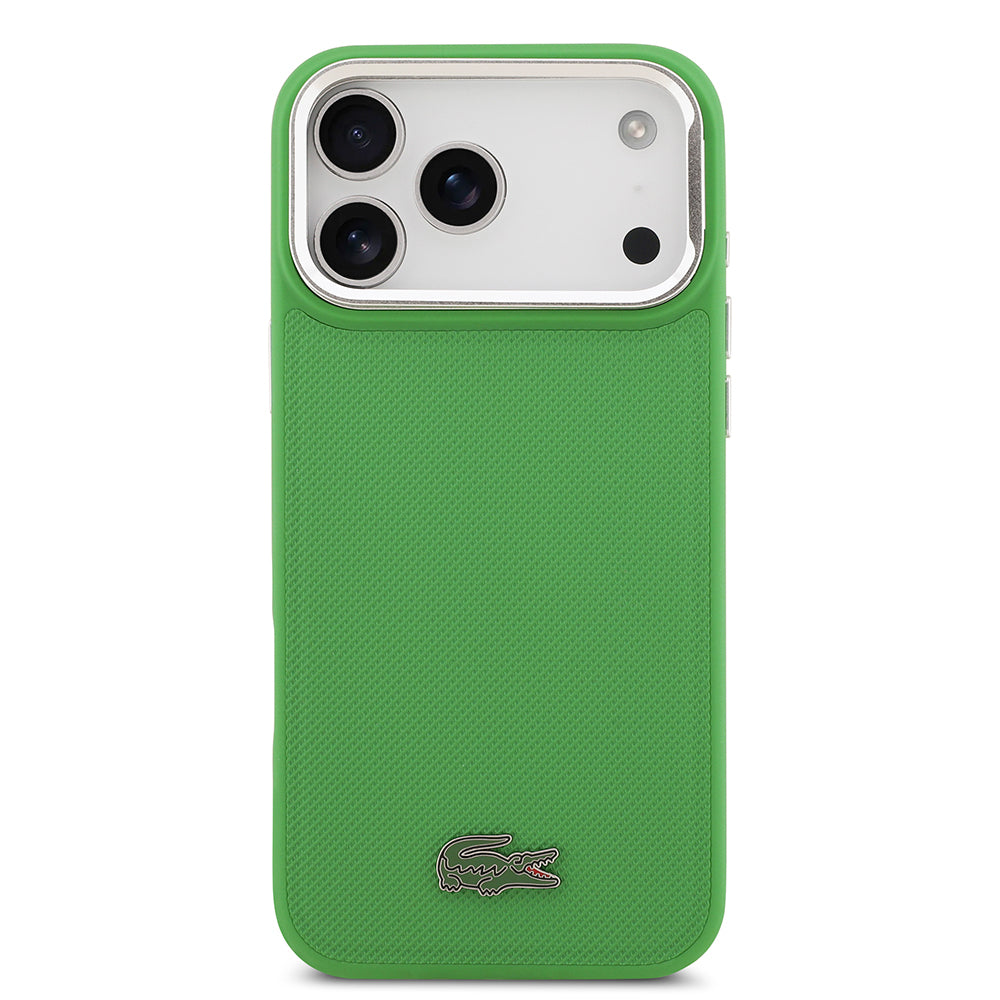 iPhone 17 Pro Max Kılıf Lacoste Orjinal Lisanslı M-safe Şarj Özellikli PU Pike Desenli Standlı Metal Logolu Kapak