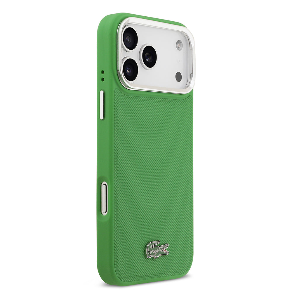 iPhone 17 Pro Max Kılıf Lacoste Orjinal Lisanslı M-safe Şarj Özellikli PU Pike Desenli Standlı Metal Logolu Kapak