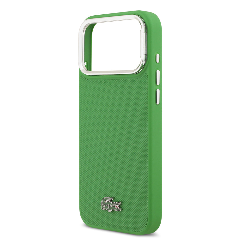 iPhone 17 Pro Max Kılıf Lacoste Orjinal Lisanslı M-safe Şarj Özellikli PU Pike Desenli Standlı Metal Logolu Kapak