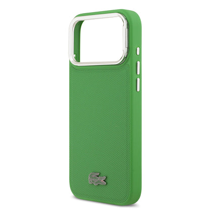 iPhone 17 Pro Max Kılıf Lacoste Orjinal Lisanslı M-safe Şarj Özellikli PU Pike Desenli Standlı Metal Logolu Kapak