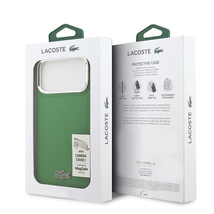 iPhone 17 Pro Max Kılıf Lacoste Orjinal Lisanslı M-safe Şarj Özellikli PU Pike Desenli Standlı Metal Logolu Kapak