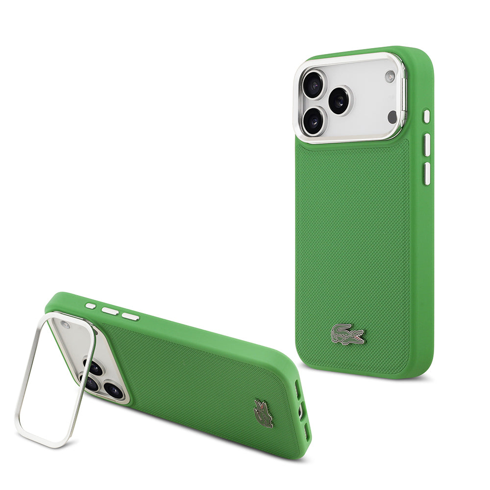 iPhone 17 Pro Max Kılıf Lacoste Orjinal Lisanslı M-safe Şarj Özellikli PU Pike Desenli Standlı Metal Logolu Kapak