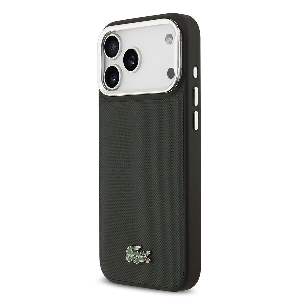 iPhone 17 Pro Max Kılıf Lacoste Orjinal Lisanslı M-safe Şarj Özellikli PU Pike Desenli Standlı Metal Logolu Kapak