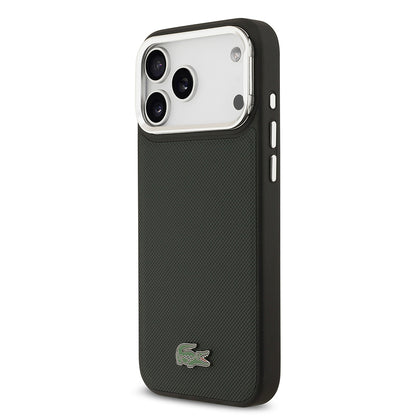 iPhone 17 Pro Max Kılıf Lacoste Orjinal Lisanslı M-safe Şarj Özellikli PU Pike Desenli Standlı Metal Logolu Kapak