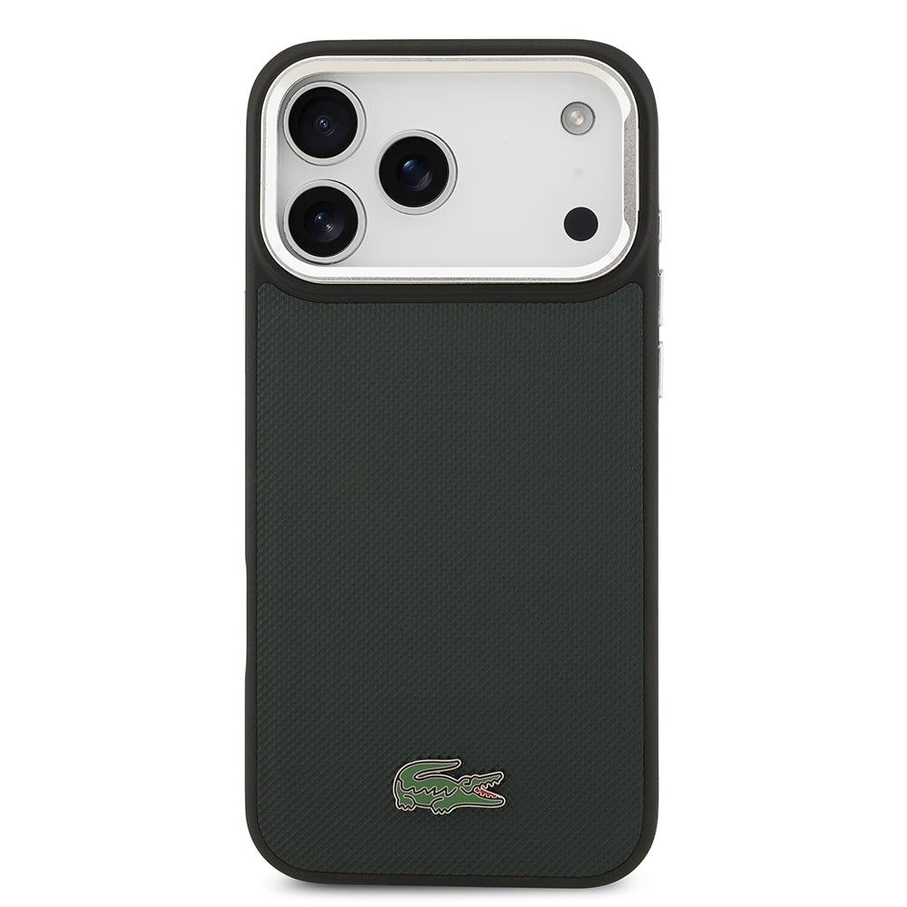 iPhone 17 Pro Max Kılıf Lacoste Orjinal Lisanslı M-safe Şarj Özellikli PU Pike Desenli Standlı Metal Logolu Kapak