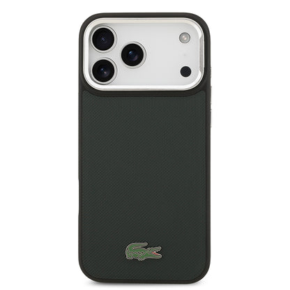 iPhone 17 Pro Max Kılıf Lacoste Orjinal Lisanslı M-safe Şarj Özellikli PU Pike Desenli Standlı Metal Logolu Kapak