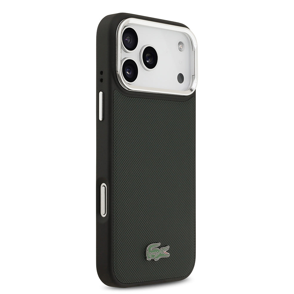 iPhone 17 Pro Max Kılıf Lacoste Orjinal Lisanslı M-safe Şarj Özellikli PU Pike Desenli Standlı Metal Logolu Kapak