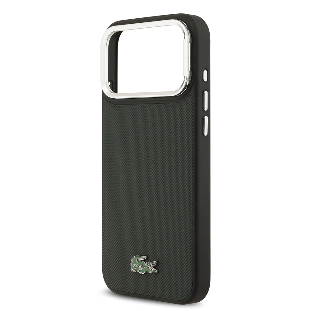 iPhone 17 Pro Max Kılıf Lacoste Orjinal Lisanslı M-safe Şarj Özellikli PU Pike Desenli Standlı Metal Logolu Kapak