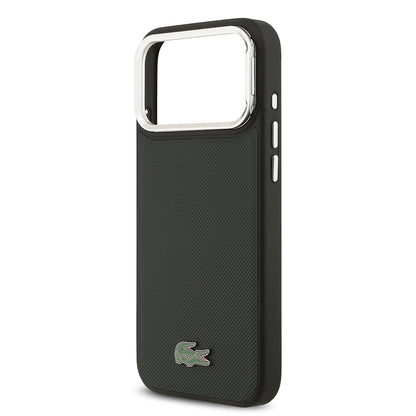 iPhone 17 Pro Max Kılıf Lacoste Orjinal Lisanslı M-safe Şarj Özellikli PU Pike Desenli Standlı Metal Logolu Kapak