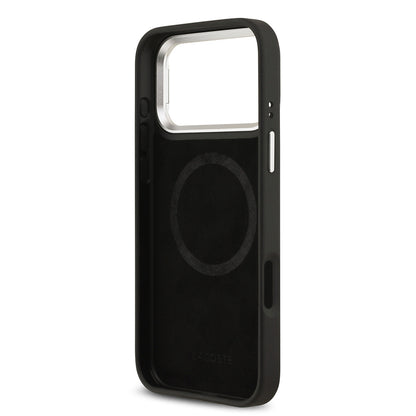iPhone 17 Pro Max Kılıf Lacoste Orjinal Lisanslı M-safe Şarj Özellikli PU Pike Desenli Standlı Metal Logolu Kapak